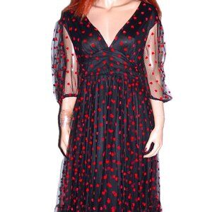 Vintage Red Hearts Black Lace Sheer Maxi Dress XL
